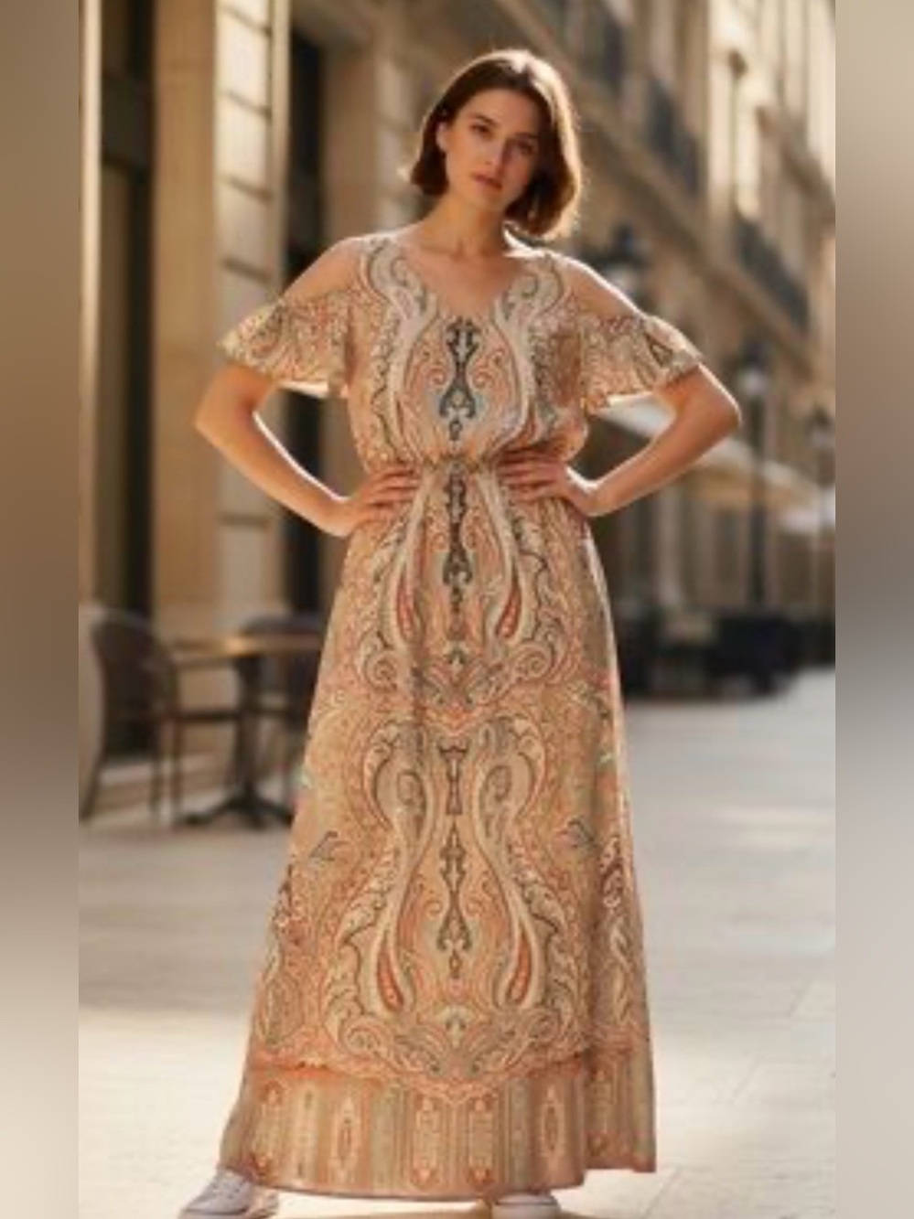 Chico’s Women's Paisley Summer Maxi Dress V-Neck in Beige Multicolor Size XXL